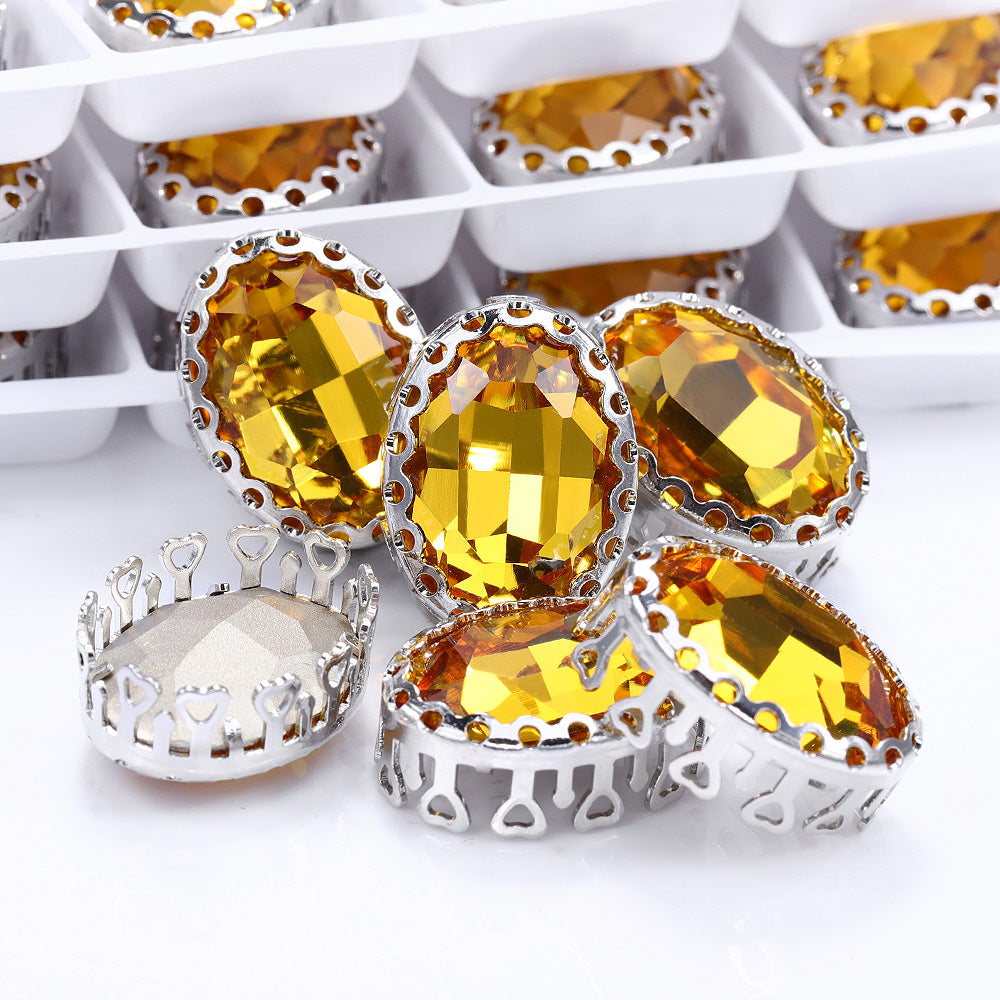 Light Topaz Oval Shape High-Quality Glass Sew-on Nest Hollow Claw Rhinestones