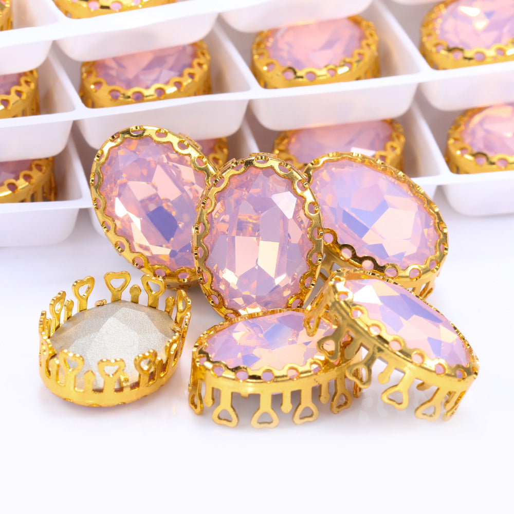 Rose Water Opal Oval Shape High-Quality Glass Sew-on Nest Hollow Claw Rhinestones