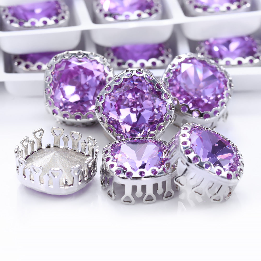 Violet Cushion Square Shape High-Quality Glass Sew-on Nest Hollow Claw Rhinestones