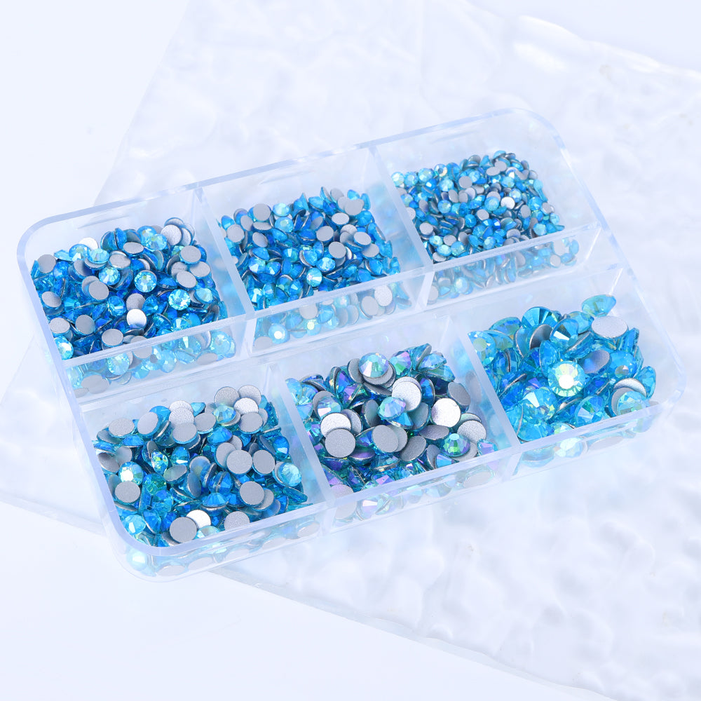Mixed Sizes 6 Grid Box Aquamarine AB Glass FlatBack Rhinestones For Nail Art  Silver Back