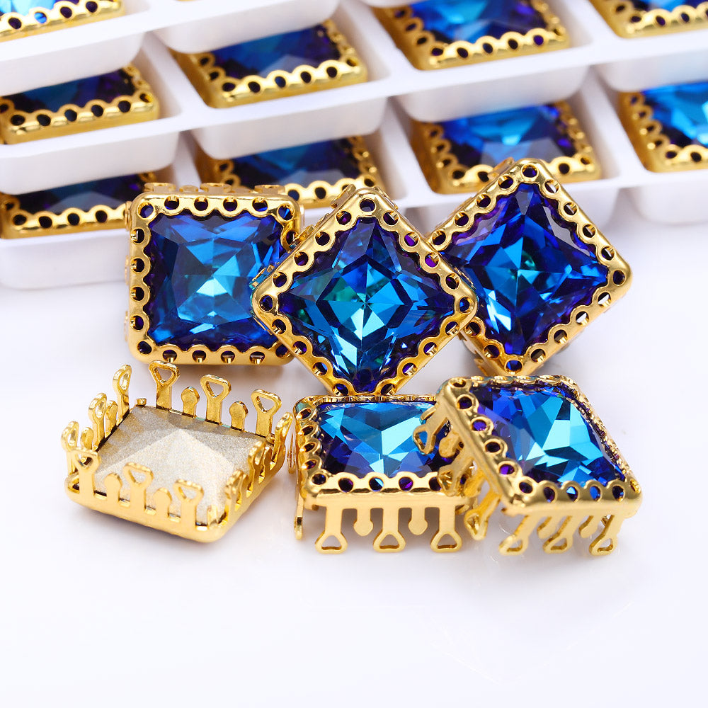 Bermuda Blue Princess Square Shape High-Quality Glass Sew-on Nest Hollow Claw Rhinestones