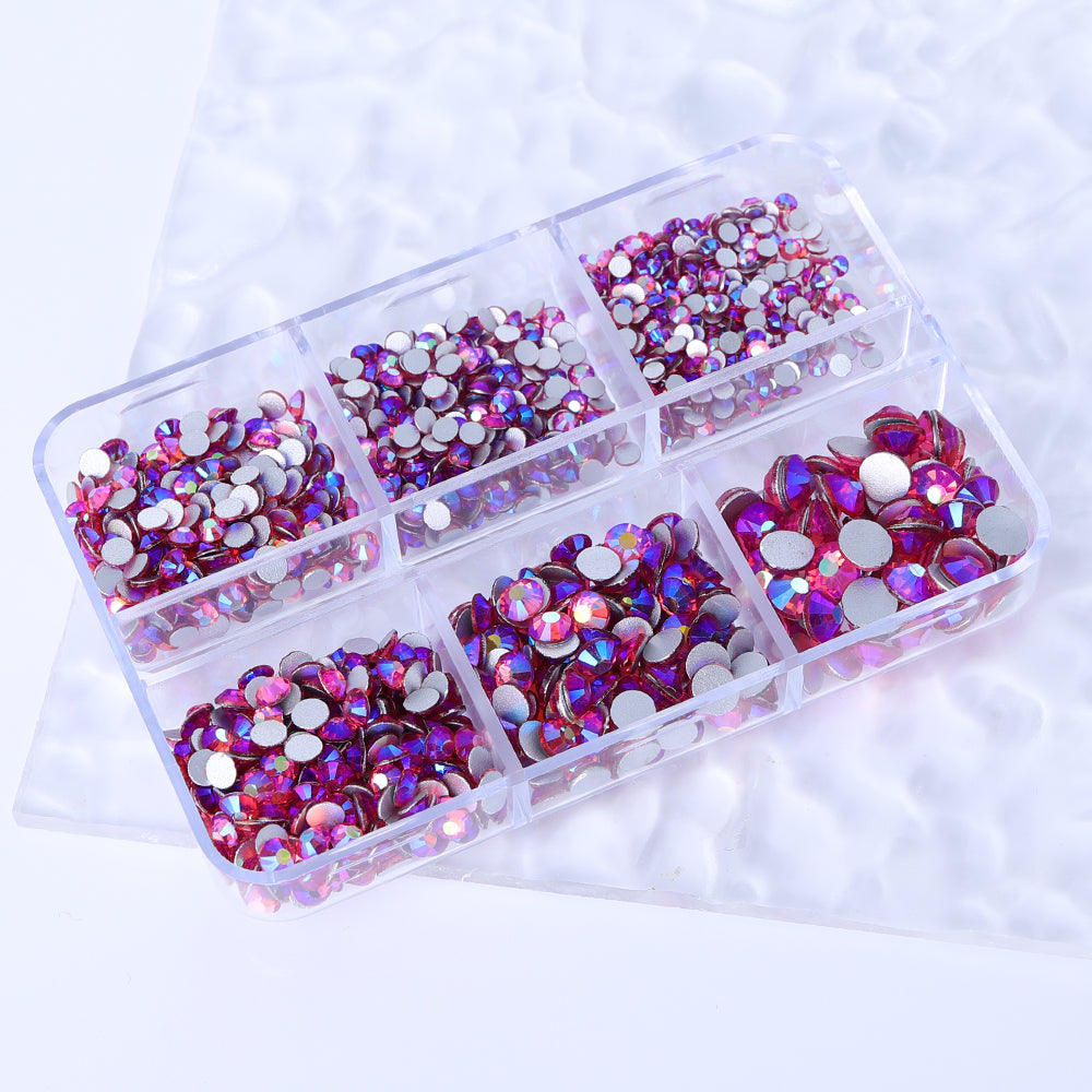 Mixed Sizes 6 Grid Box Rose AB Glass FlatBack Rhinestones For Nail Art  Silver Back