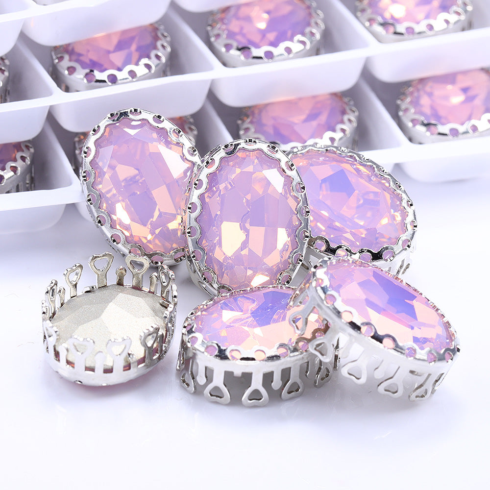 Rose Water Opal Oval Shape High-Quality Glass Sew-on Nest Hollow Claw Rhinestones