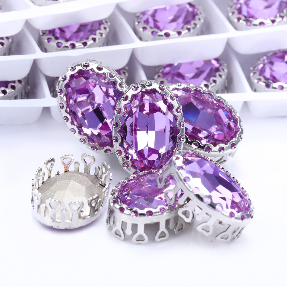 Violet Oval Shape High-Quality Glass Sew-on Nest Hollow Claw Rhinestones