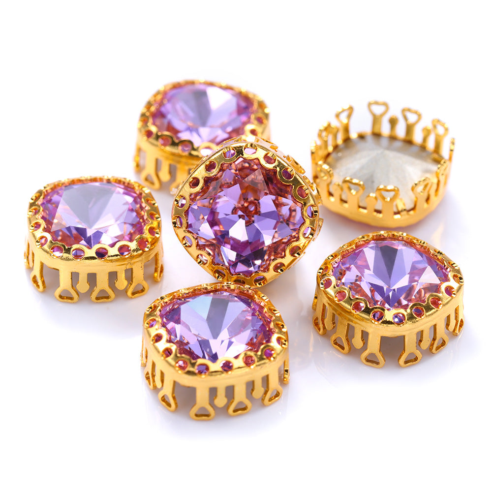 Violet Cushion Square Shape High-Quality Glass Sew-on Nest Hollow Claw Rhinestones