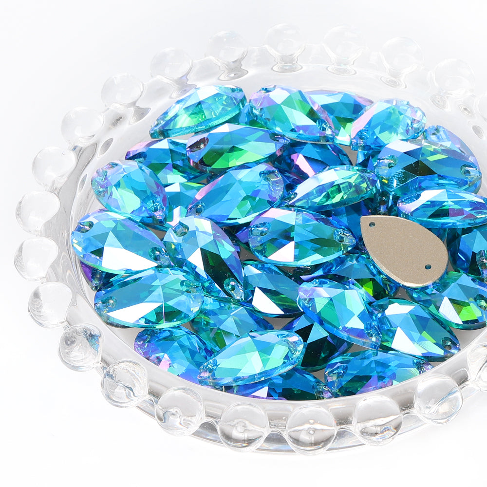 Aquamarine Shimmer Drop Shape High Quality Glass Sew-on Rhinestones