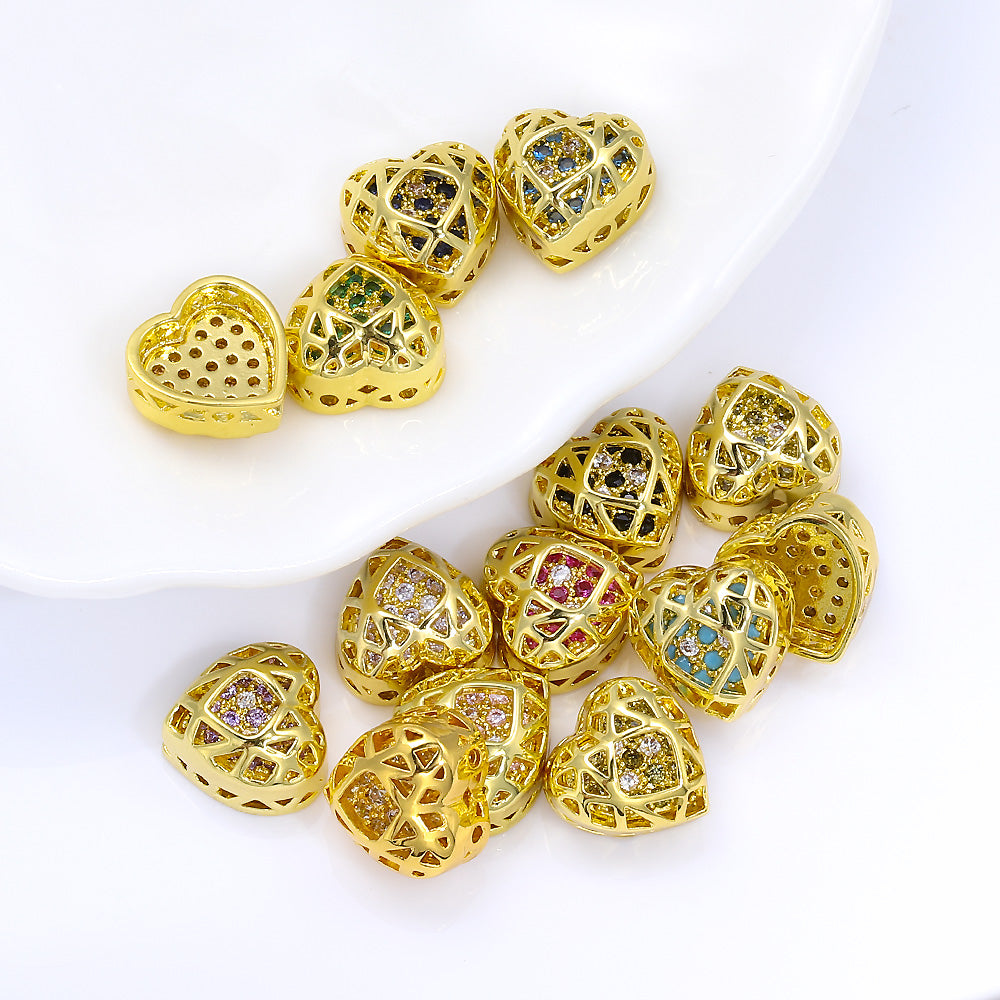 Heart Shape Golden Plated High-Quality Sew-on Alloy Charms Inlaid Cubic Zirconia