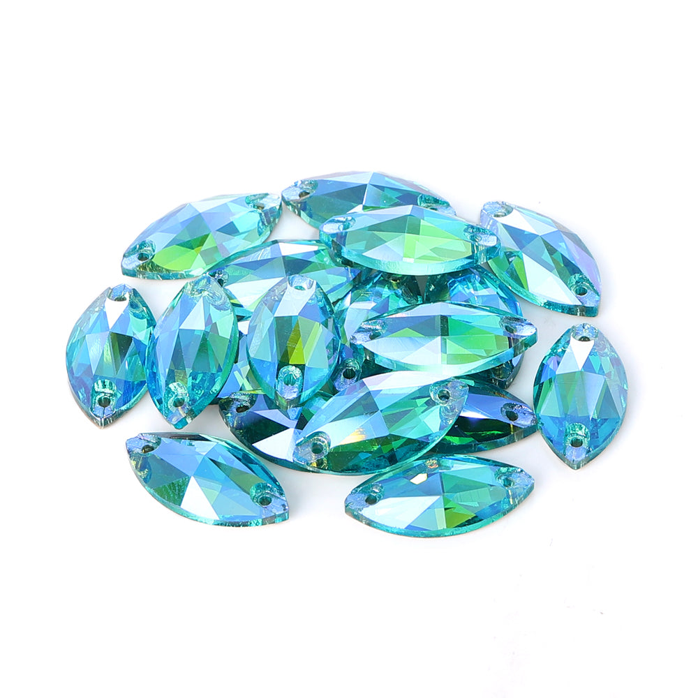 Aquamarine Shimmer Navette Shape High Quality Glass Sew-on Rhinestones