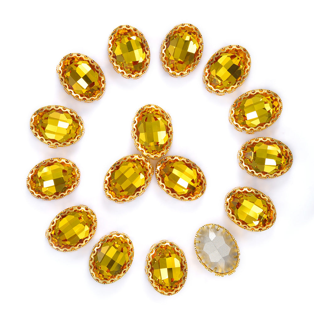 Light Topaz Oval Shape High-Quality Glass Sew-on Nest Hollow Claw Rhinestones