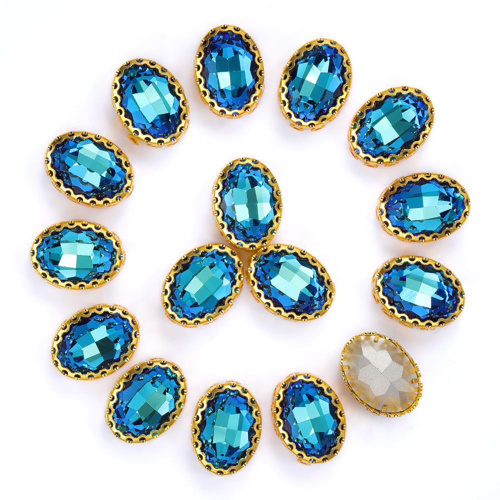 Bermuda Blue Oval Shape High-Quality Glass Sew-on Nest Hollow Claw Rhinestones