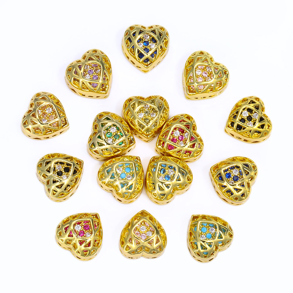 Heart Shape Golden Plated High-Quality Sew-on Alloy Charms Inlaid Cubic Zirconia