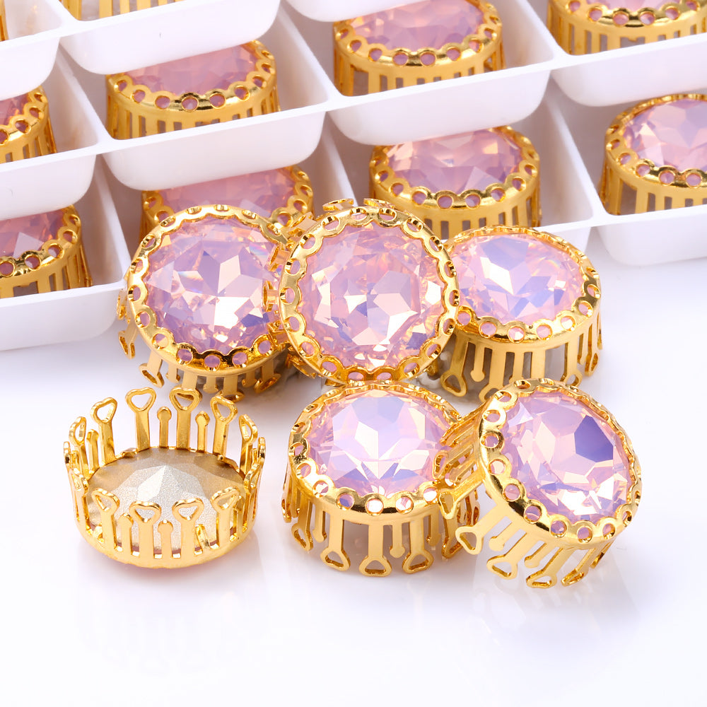 Rose Water Opal Gemstone Flower Round Shape High-Quality Glass Sew-on Nest Hollow Claw Rhinestones