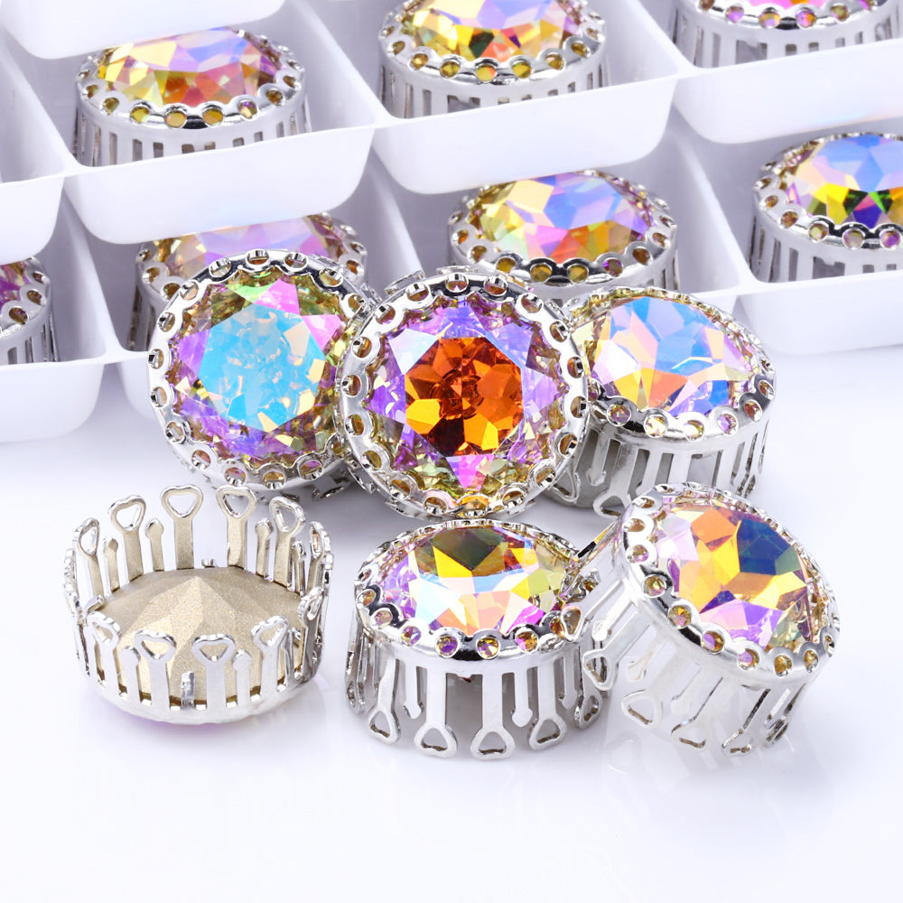 Paradise Shine Gemstone Flower Round Shape High-Quality Glass Sew-on Nest Hollow Claw Rhinestones