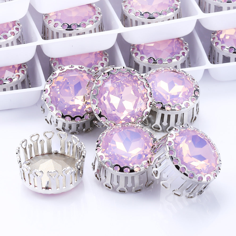 Rose Water Opal Gemstone Flower Round Shape High-Quality Glass Sew-on Nest Hollow Claw Rhinestones