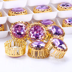 Violet Gemstone Flower Round Shape High-Quality Glass Sew-on Nest Hollow Claw Rhinestones