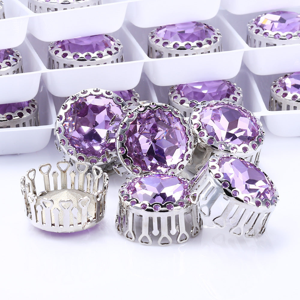 Violet Gemstone Flower Round Shape High-Quality Glass Sew-on Nest Hollow Claw Rhinestones