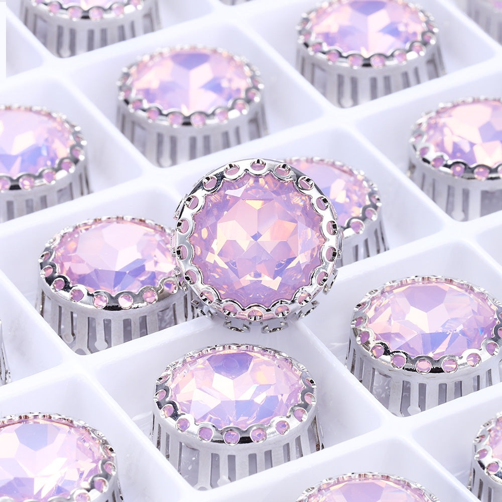 Rose Water Opal Gemstone Flower Round Shape High-Quality Glass Sew-on Nest Hollow Claw Rhinestones