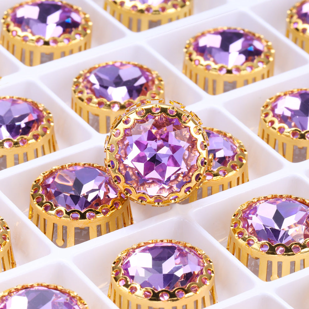 Violet Gemstone Flower Round Shape High-Quality Glass Sew-on Nest Hollow Claw Rhinestones