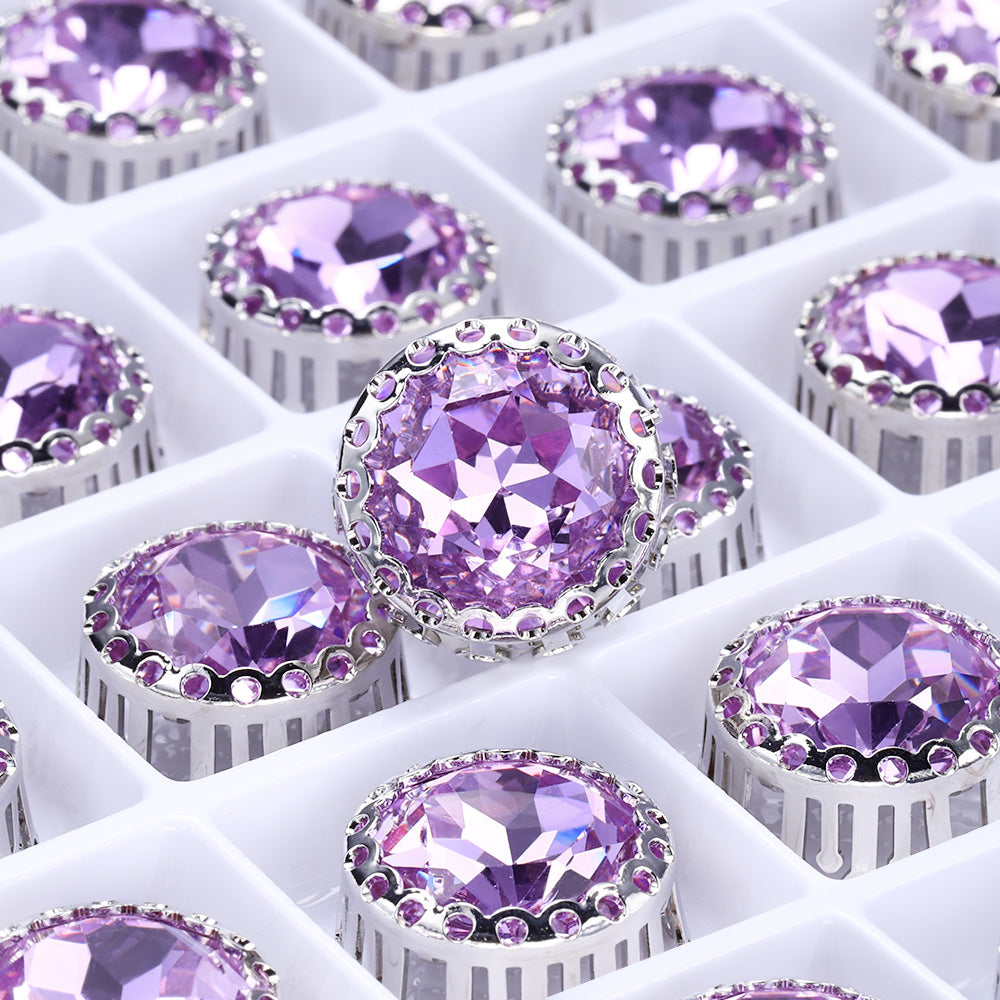 Violet Gemstone Flower Round Shape High-Quality Glass Sew-on Nest Hollow Claw Rhinestones