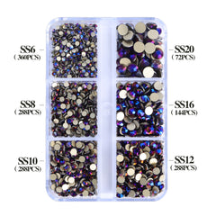 Mixed Sizes 6 Grid Box Violet Effect Glass FlatBack Rhinestones For Nail Art Golden Back