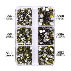Mixed Sizes 6 Grid Box Olive Green Glass FlatBack Rhinestones For Nail Art  Silver Back
