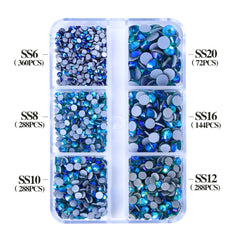 Mixed Sizes 6 Grid Box Blue Zircon AB Glass HotFix Rhinestones For Clothing DIY