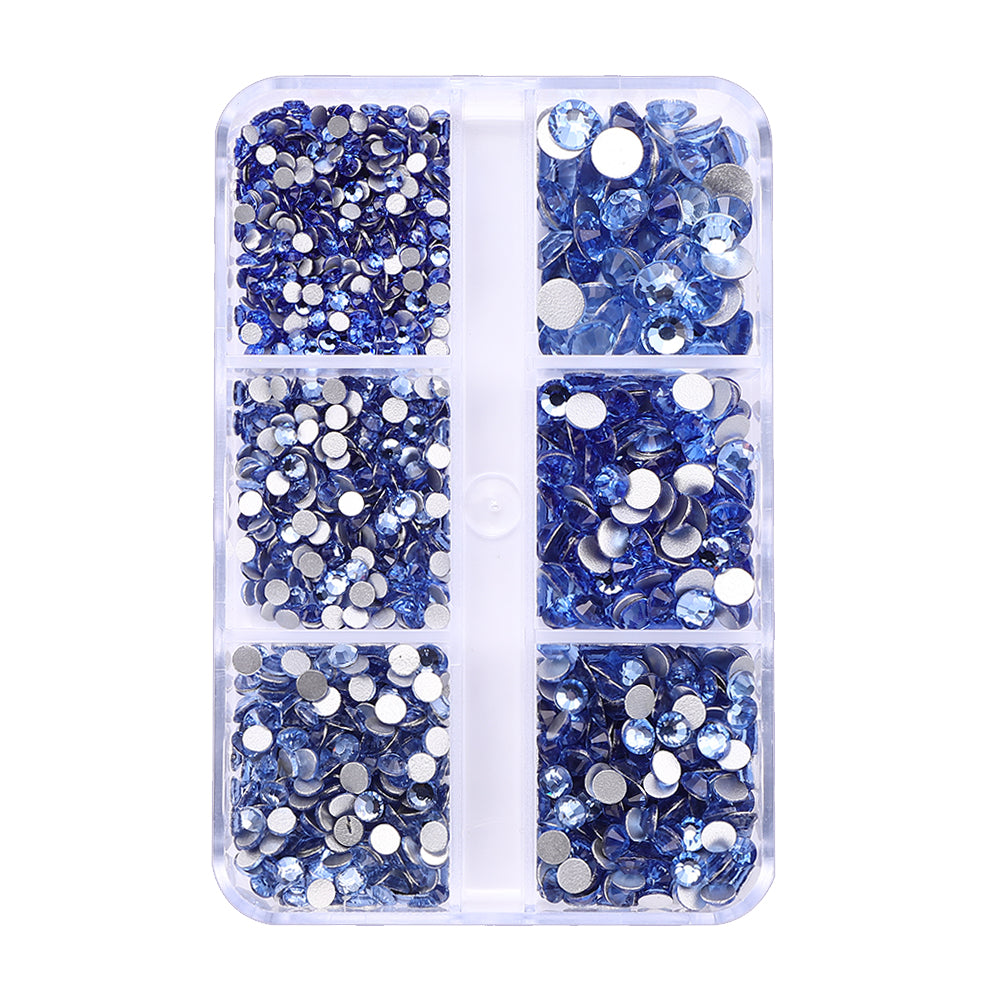Mixed Sizes 6 Grid Box Light Blue Glass FlatBack Rhinestones For Nail Art Silver Back