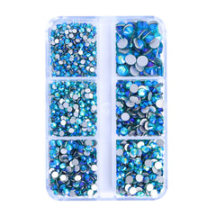 Mixed Sizes 6 Grid Box Blue Zircon AB Glass FlatBack Rhinestones For Nail Art  Silver Back