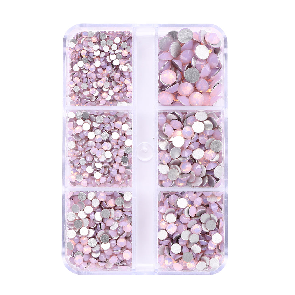 Mixed Sizes 6 Grid Box Pink Opal Glass FlatBack Rhinestones For Nail Art Silver Back