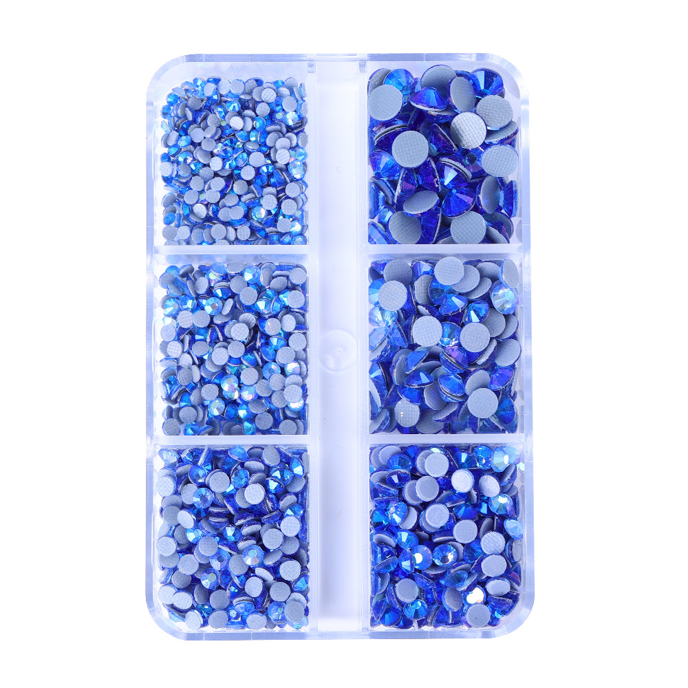 Tamanhos mistos 6 Caixa de grade Blue AB AB GLASSFix Rhinestones para roupas DIY