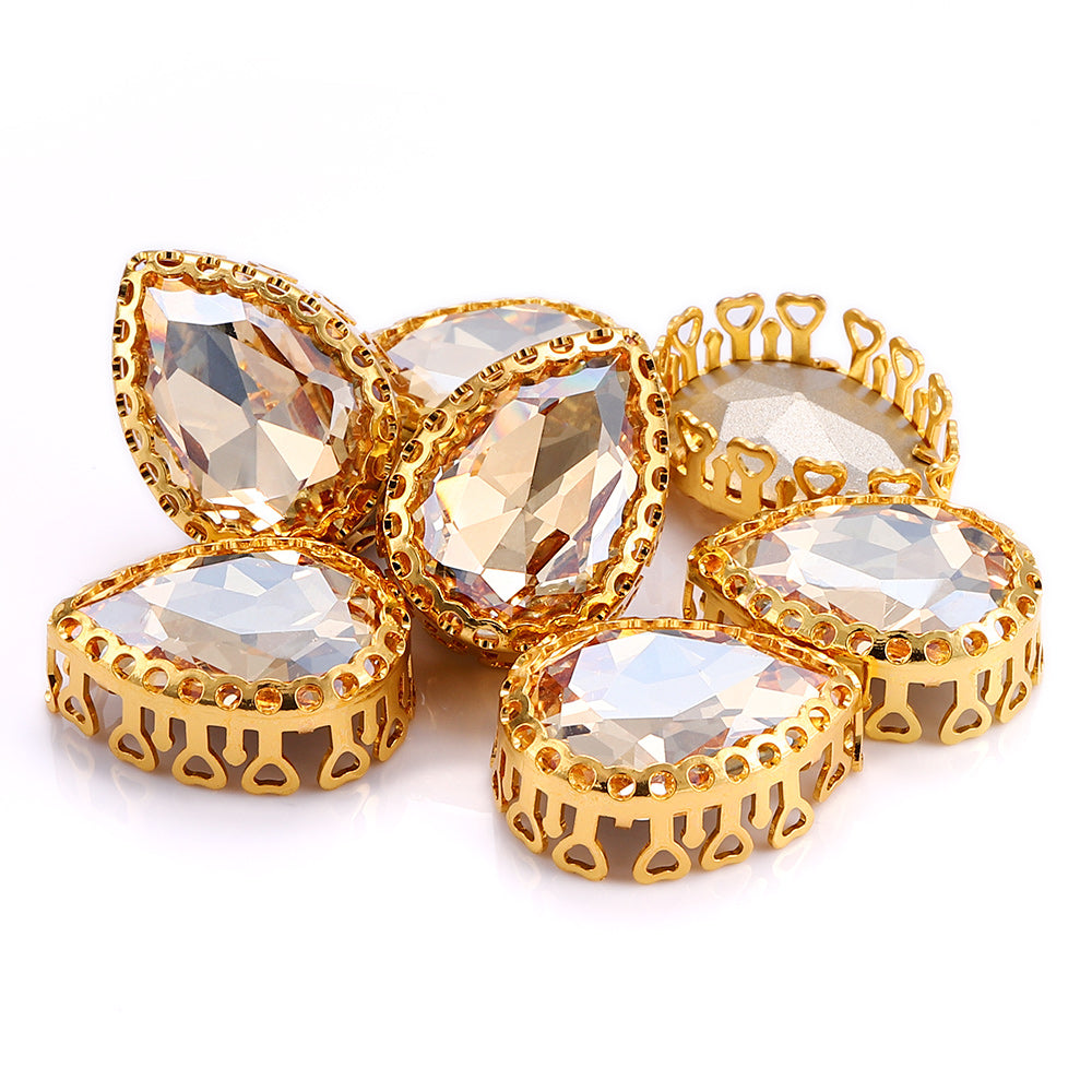 Golden Shadow Drop Shape High-Quality Glass Sew-on Nest Hollow Claw Rhinestones