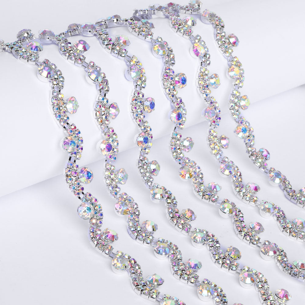 Sew-on Crystal AB Glass Rivoli Rhinestone Trim Chain Applique RA709 WholesaleRhinestone