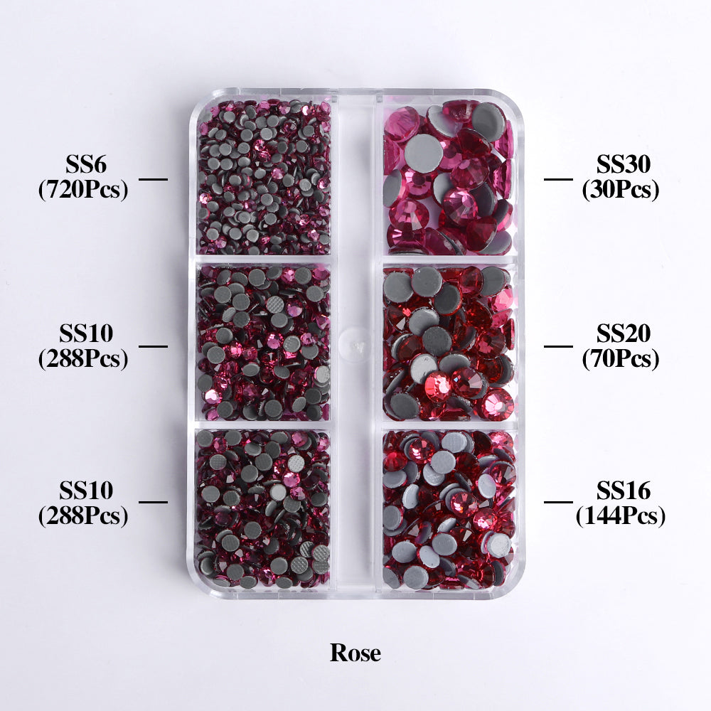 Mixed Sizes 6 Grid Box Rose Glass HotFix Rhinestones For Clothing DIY