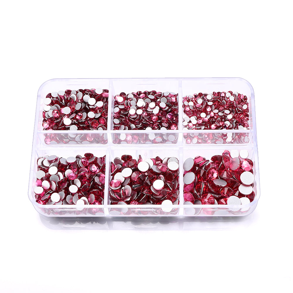 Mixed Sizes 6 Grid Box Rose Glass FlatBack Rhinestones For Nail Art Silver Back