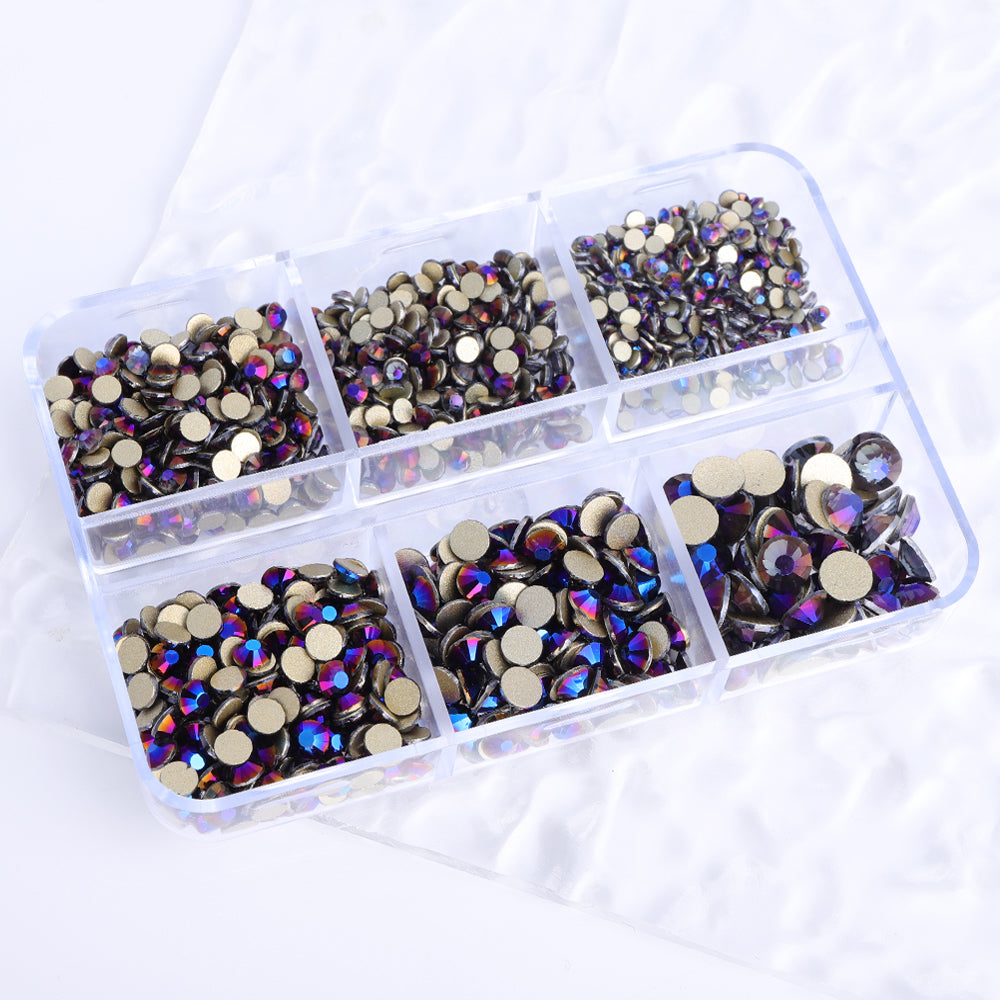 Mixed Sizes 6 Grid Box Violet Effect Glass FlatBack Rhinestones For Nail Art Golden Back