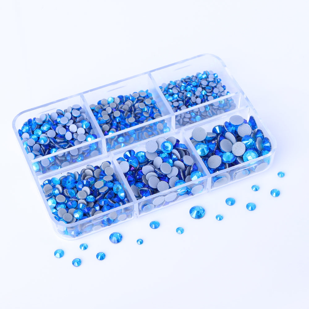 Mixed Sizes 6 Grid Box Capri Blue AB Glass HotFix Rhinestones For Clothing DIY WholesaleRhinestone