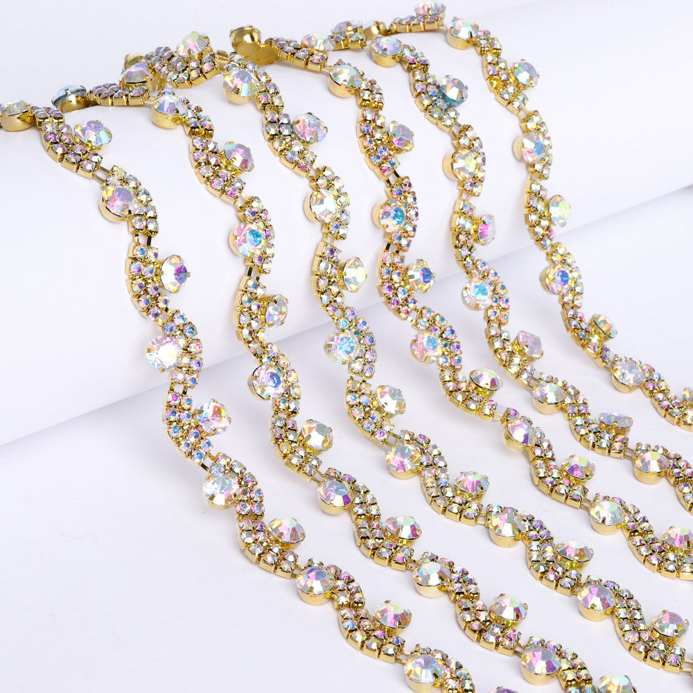 Sew-on Crystal AB Glass Rivoli Rhinestone Trim Chain Applique RA709 WholesaleRhinestone