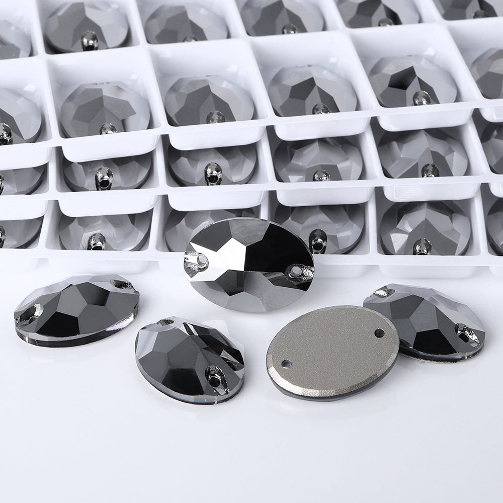 Jet Metallic Silver Oval Shape High Quality Glass Sew-on Rhinestones