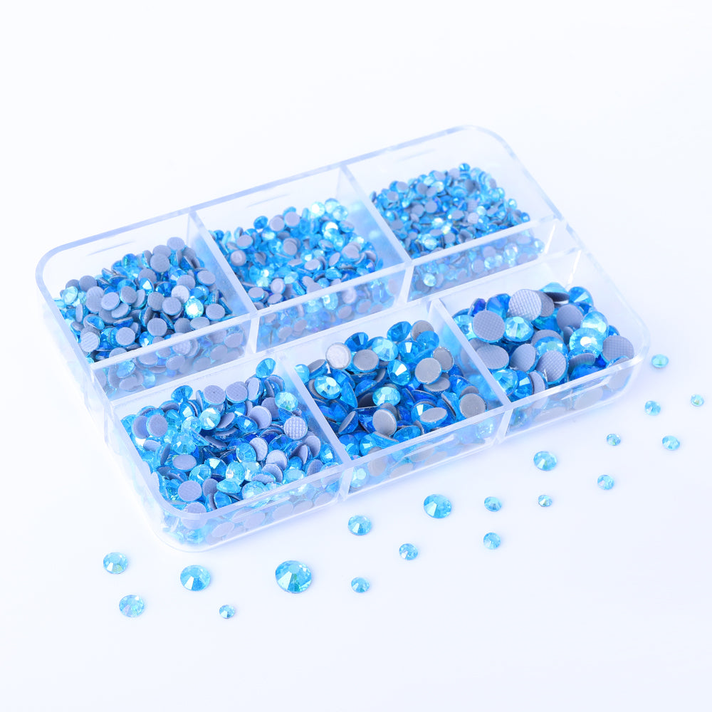 Mixed Sizes 6 Grid Box Aquamarine AB Glass HotFix Rhinestones For Clothing DIY