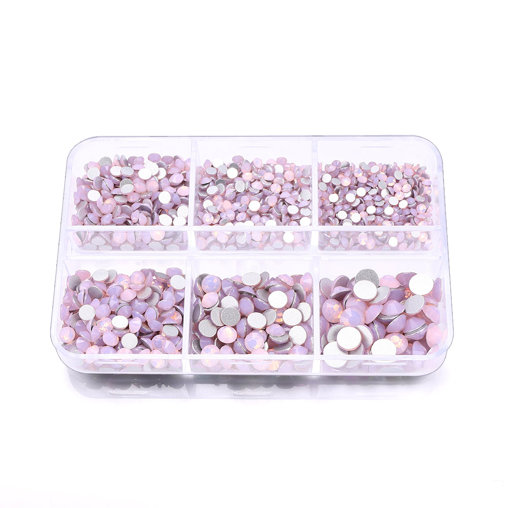 Mixed Sizes 6 Grid Box Pink Opal Glass FlatBack Rhinestones For Nail Art Silver Back