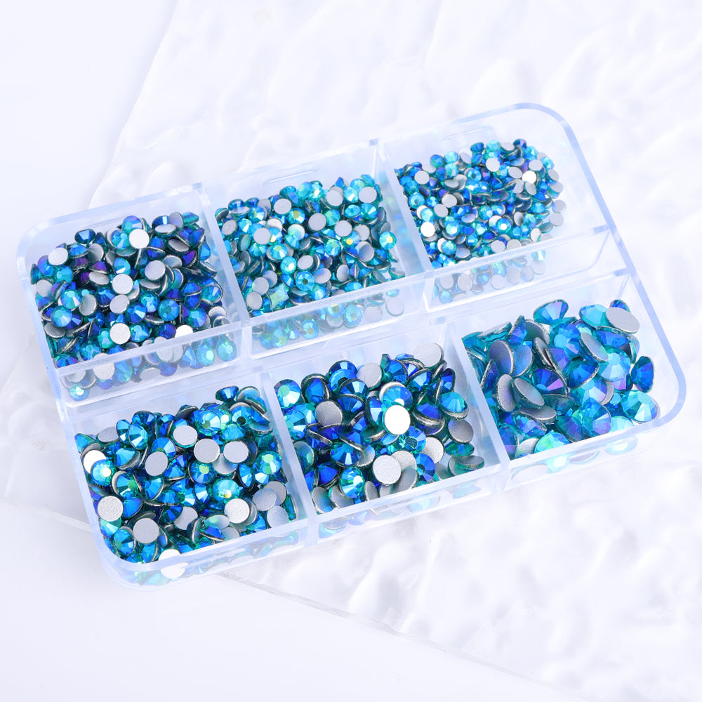 Mixed Sizes 6 Grid Box Blue Zircon AB Glass FlatBack Rhinestones For Nail Art  Silver Back