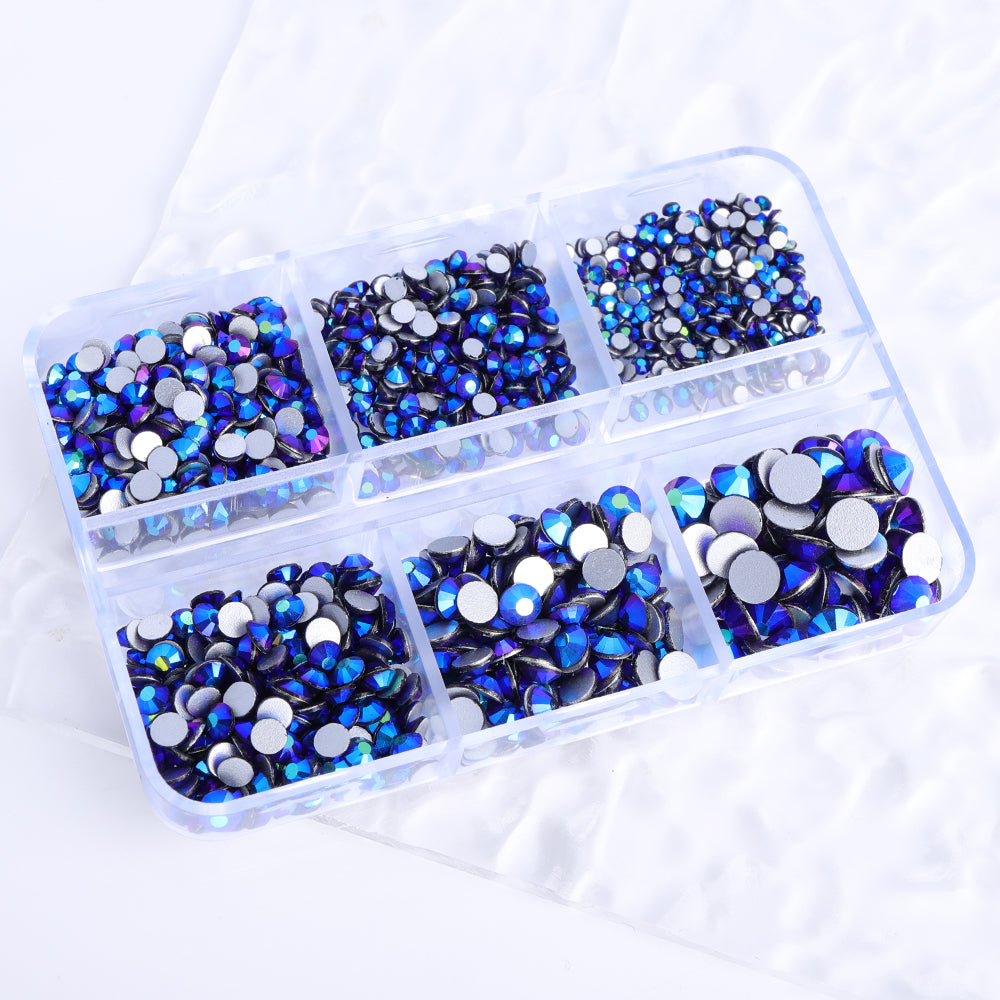 Mixed Sizes 6 Grid Box Amethyst AB Glass FlatBack Rhinestones For Nail Art Silver Back