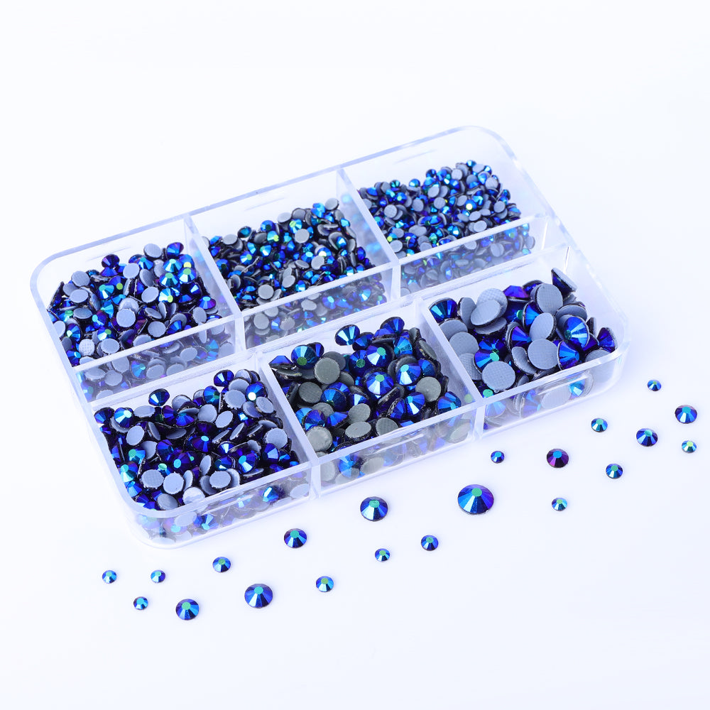 Mixed Sizes 6 Grid Box Black AB Glass HotFix Rhinestones For Clothing DIY