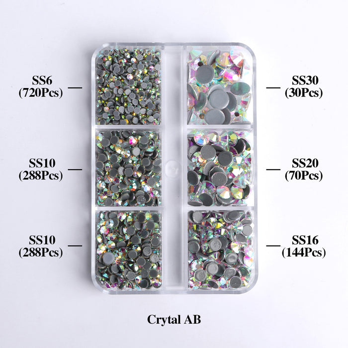 Mixed Sizes 6 Grid Box White Opal Glass HotFix Rhinestones For Clothing DIY