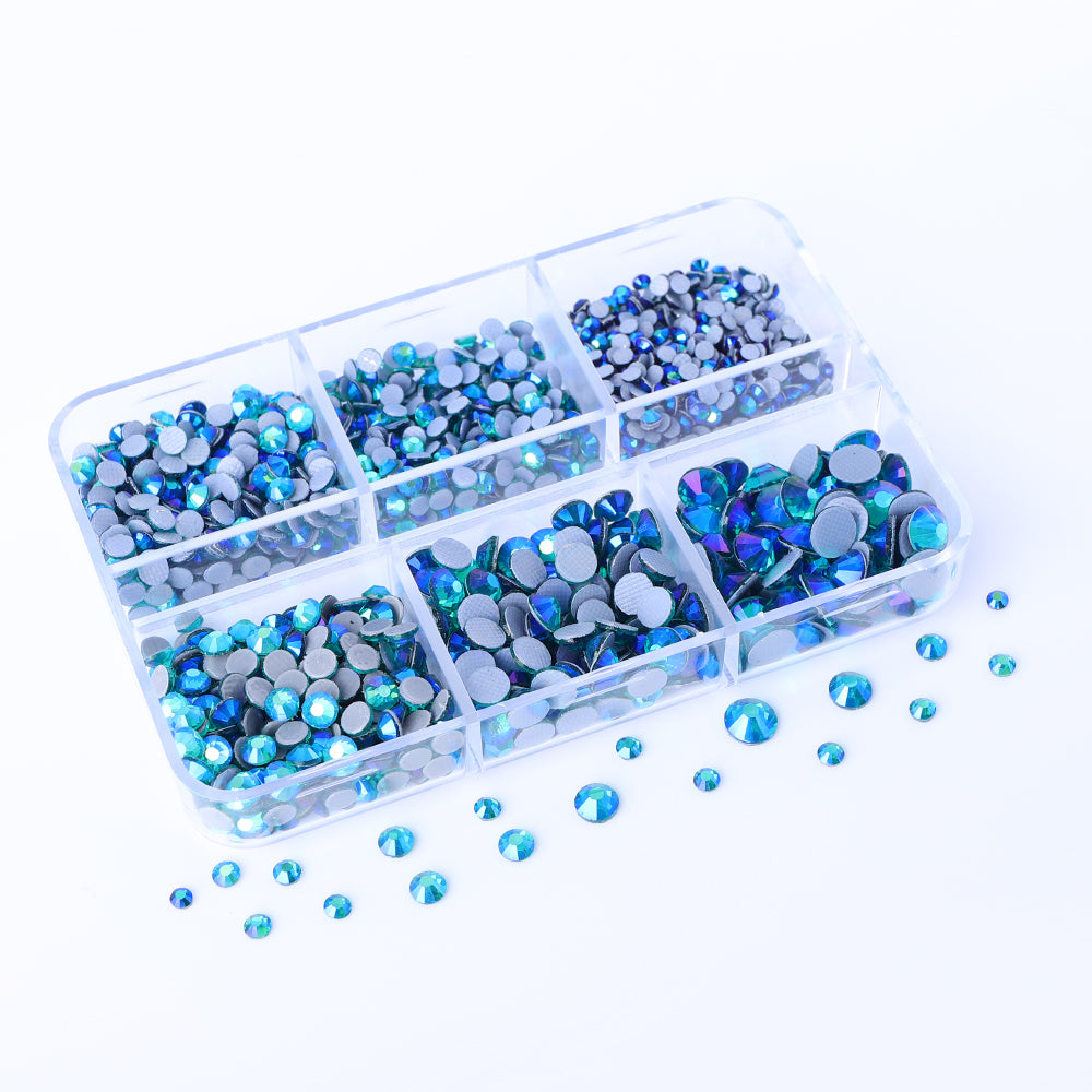 Mixed Sizes 6 Grid Box Blue Zircon AB Glass HotFix Rhinestones For Clothing  DIY