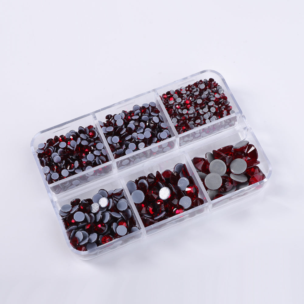 Mixed Sizes 6 Grid Box Dark Siam Glass HotFix Rhinestones For Clothing DIY WholesaleRhinestone