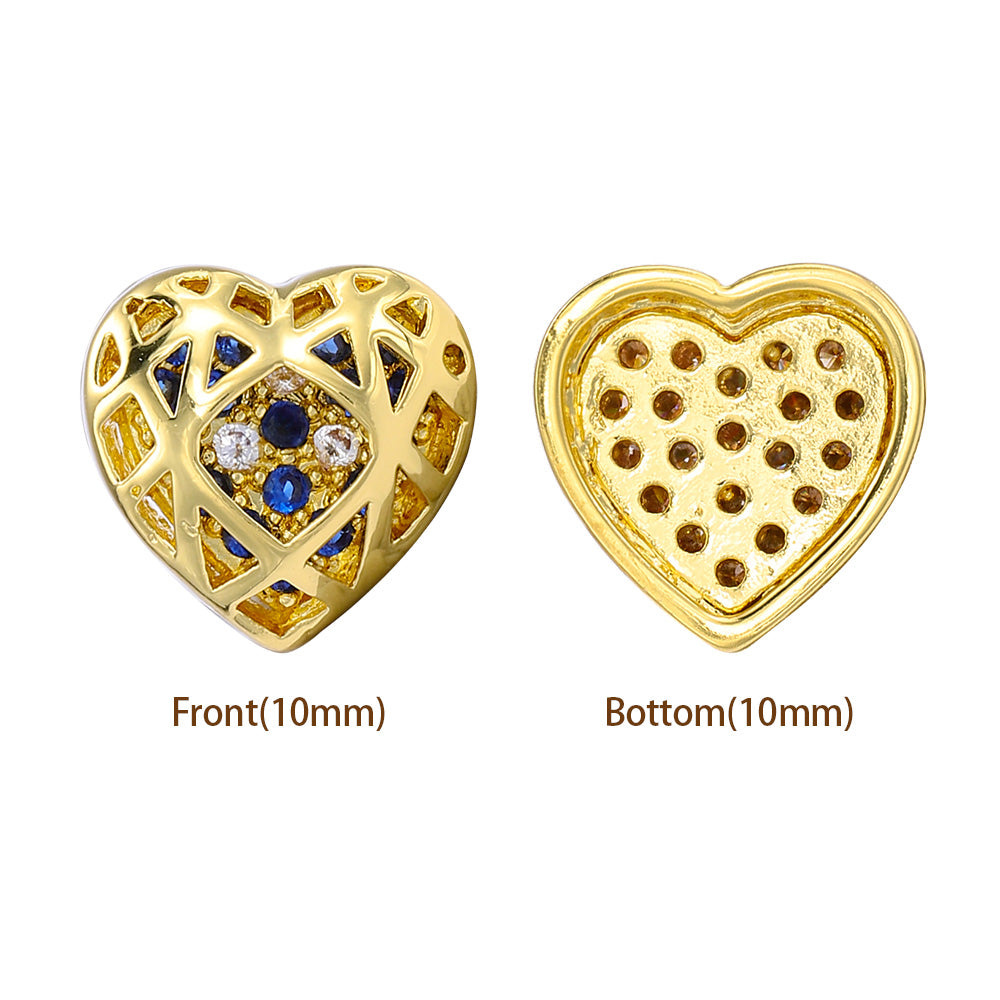 Heart Shape Golden Plated High-Quality Sew-on Alloy Charms Inlaid Cubic Zirconia