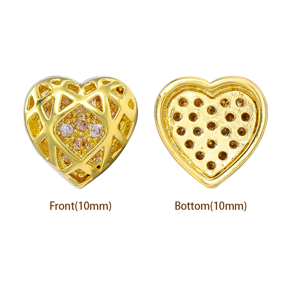 Heart Shape Golden Plated High-Quality Sew-on Alloy Charms Inlaid Cubic Zirconia